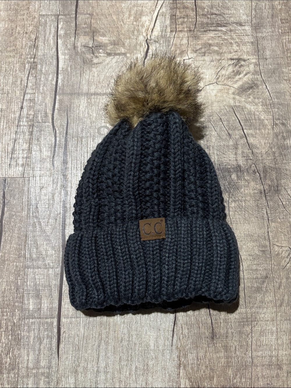 C.C Stretch Cable Knit Ribbed Super Soft Faux Fur Pom Pom Beanie Hat